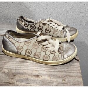MICHAEL KORS Gold Leather Signature Beige Canvas Sneakers Women Sz 7M